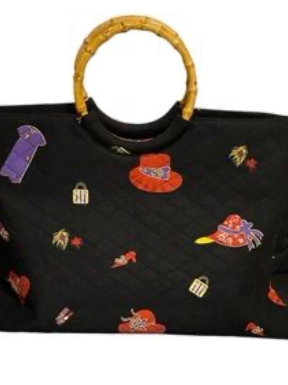 Red Hat Society Large Black Quilted Tote Bag Bamboo Handle Shopper - Picture 2 of 5